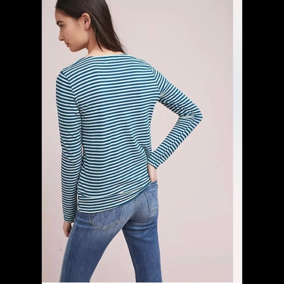 Anthropologie T.la Teal Striped Tie Front Long Sleeve Knit Top - Picture 2 of 5